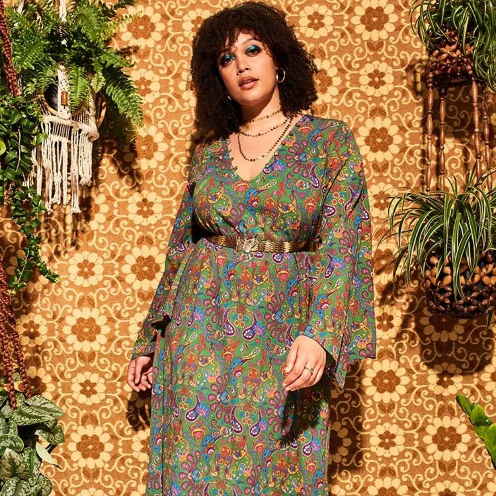 The Hippie Shake Green Paisley Lady Of The Canyon Maxi Dress Size US 12 UK 16 XL - Picture 1 of 7